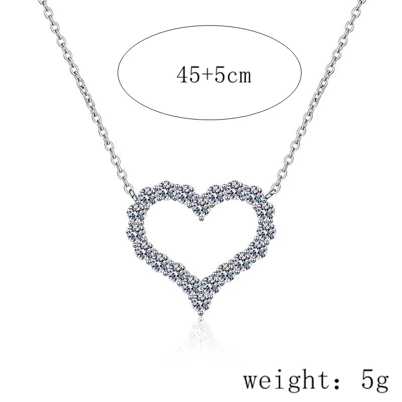 Sterling Silver Hollow Out Inlay Heart Shape Moissanite High Carbon Diamond Necklace