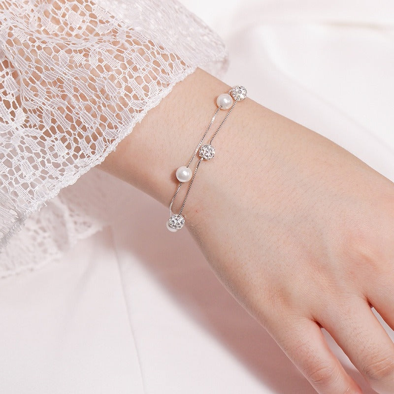 Sterling Silver Round Shell Bead Crystal Love Bracelet for Women