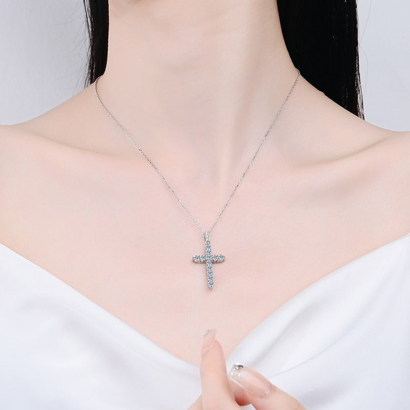 Sterling Silver Moissanite Cross Pendant Necklace