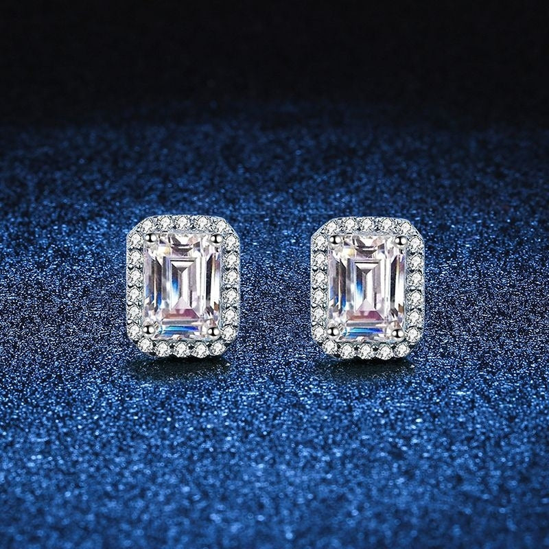 Sterling Silver Radiant Cut Moissanite Rectangle Stud Earrings