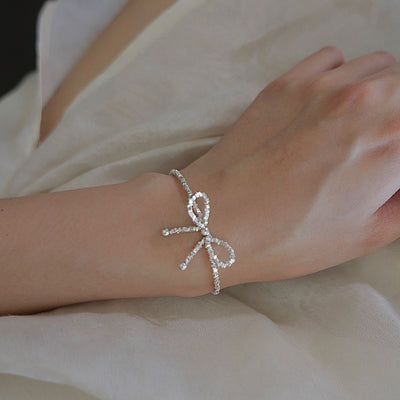 S925 Sterling Silver Bow Knot Bracelet Women's Sparkling Korean Design