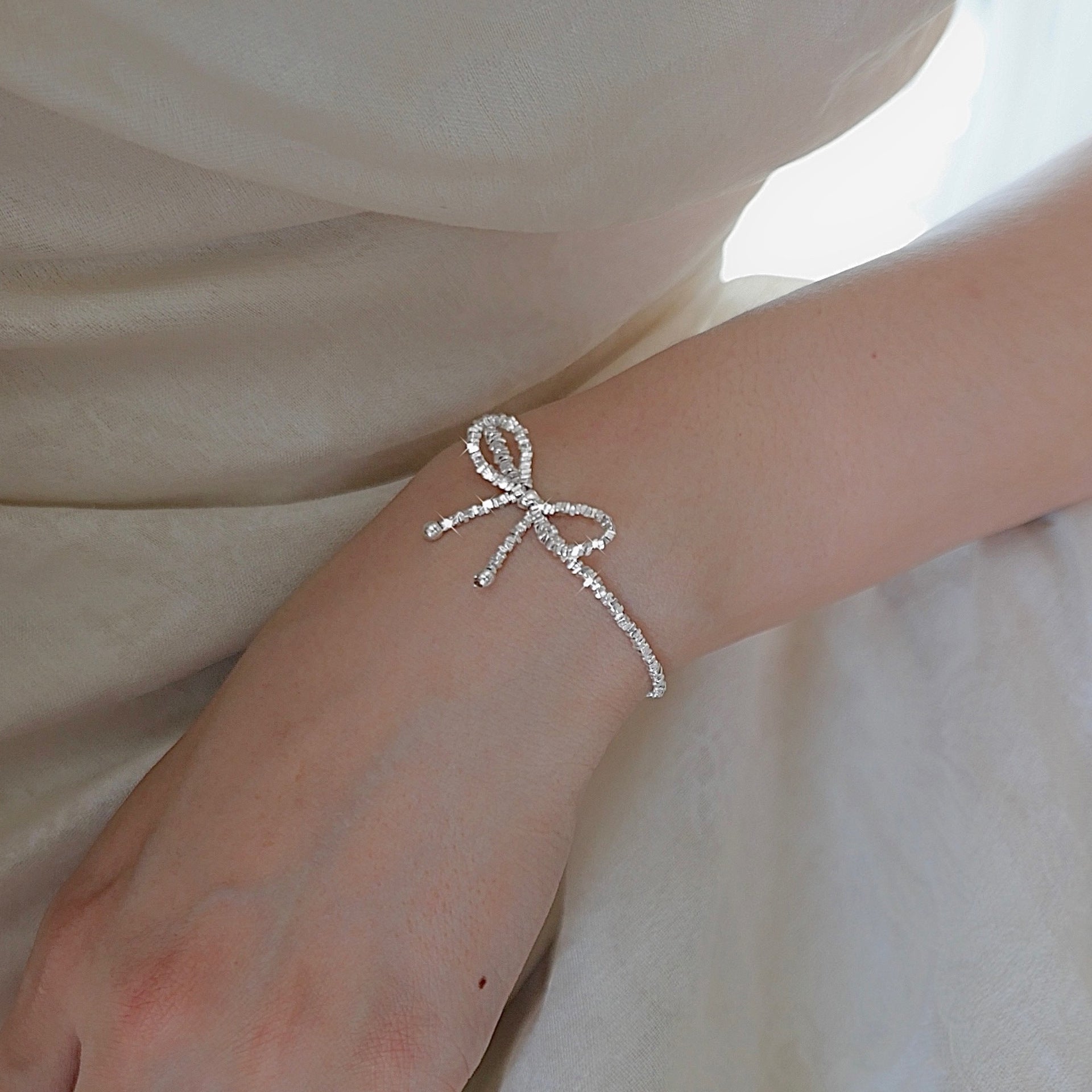 S925 Sterling Silver Bow Knot Bracelet Women's Sparkling Korean Design