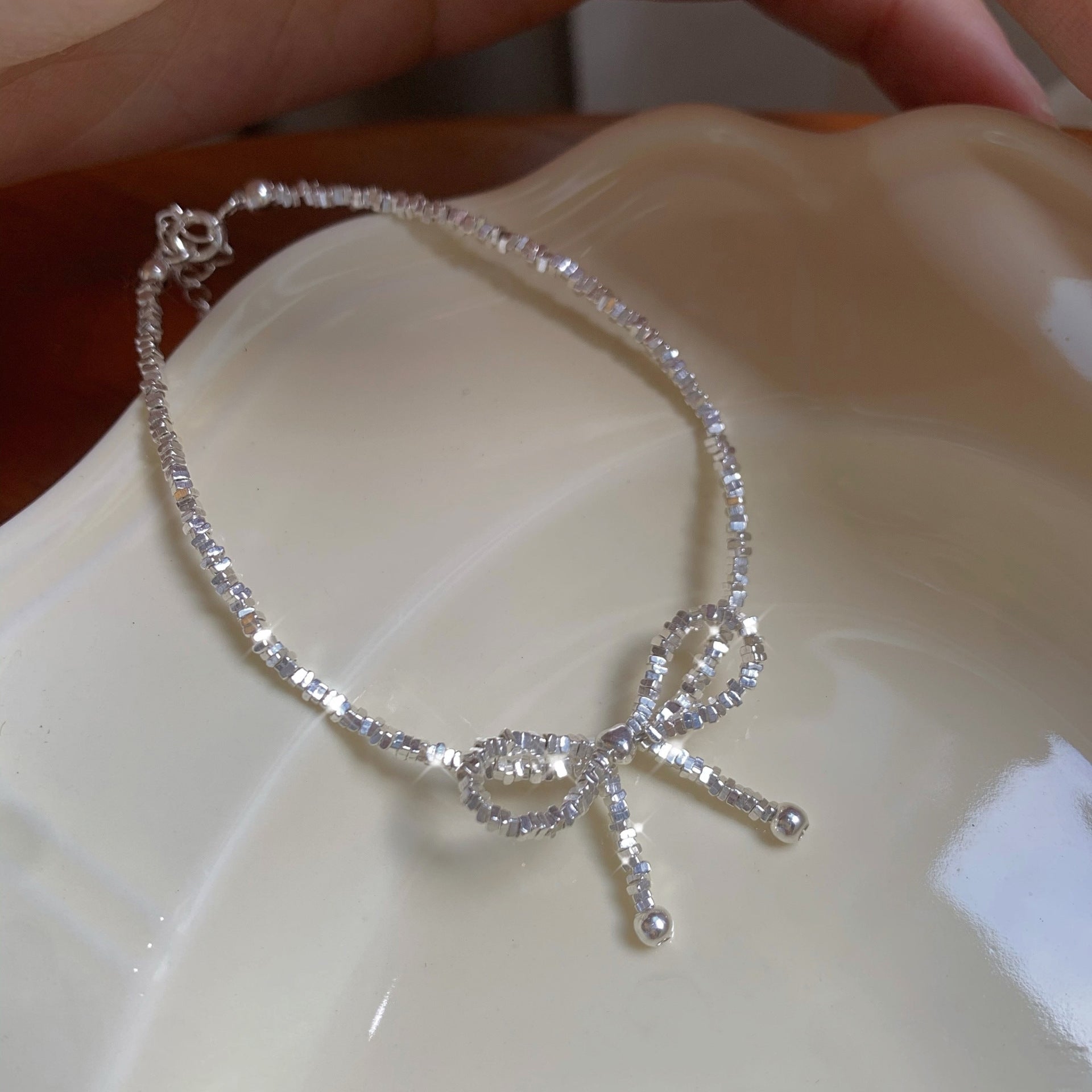 S925 Sterling Silver Bow Knot Bracelet Women's Sparkling Korean Design