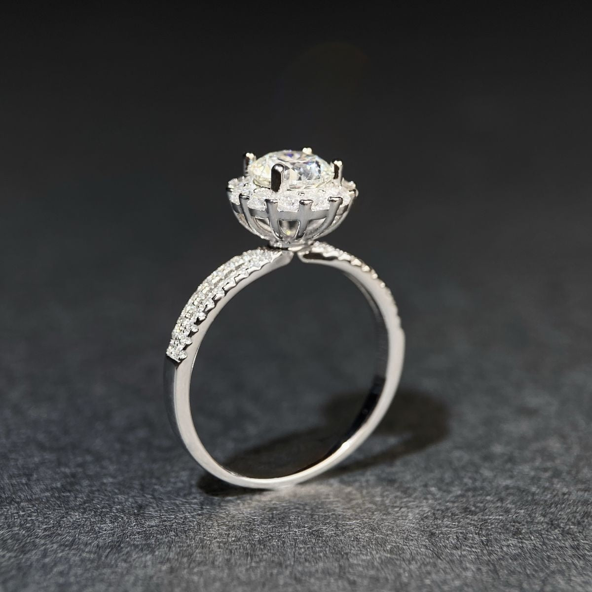 Sterling Silver Moissanite Flower Ring with Platinum Plating