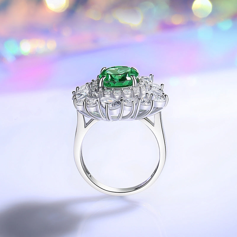 Emerald Oval Cut Zirconia Sterling Silver Geometric Inlay Ring