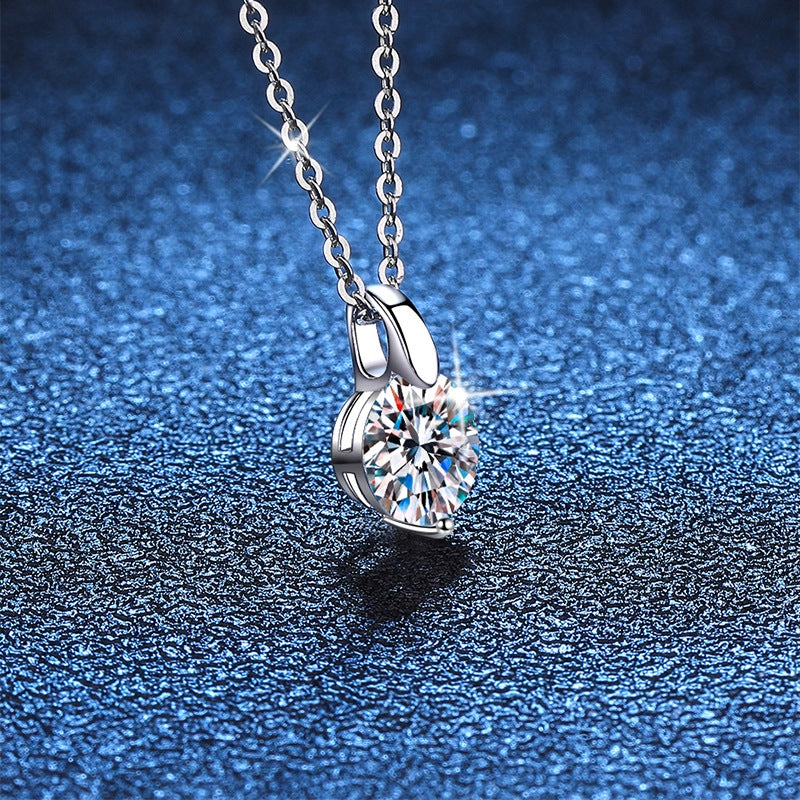 Sterling Silver Moissanite Pendant Necklace with Classic Inlay Design