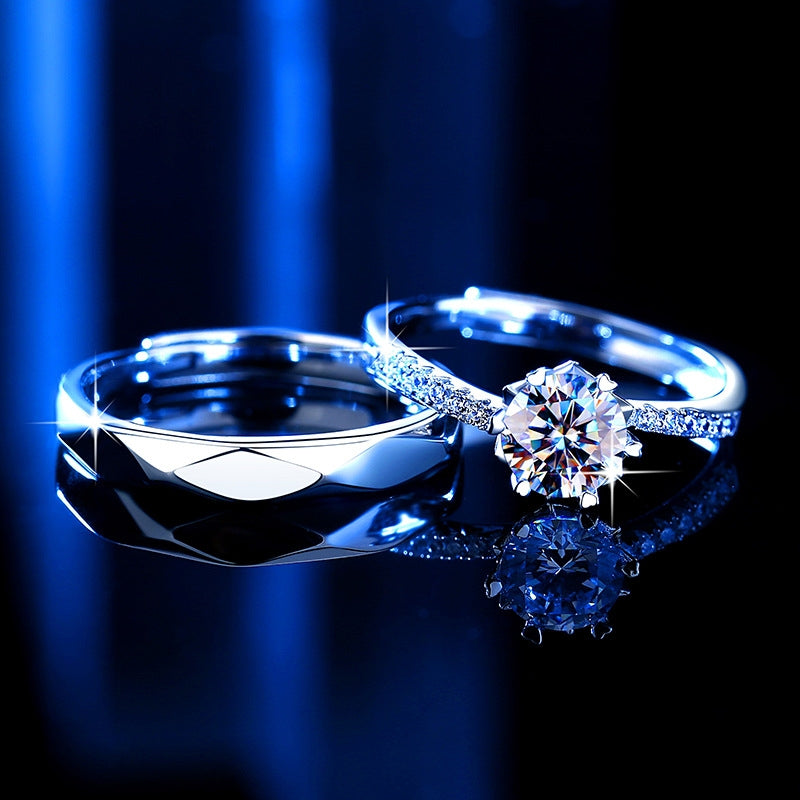 Sterling Silver Moissanite Couple Rings with Classic Inlay Design