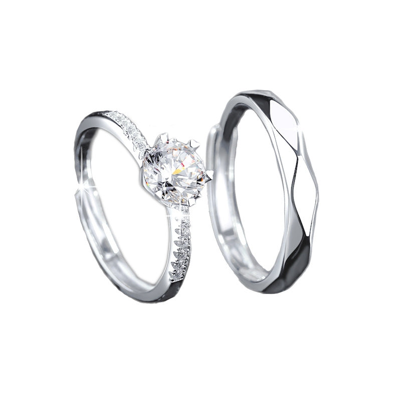 Sterling Silver Moissanite Couple Rings with Classic Inlay Design