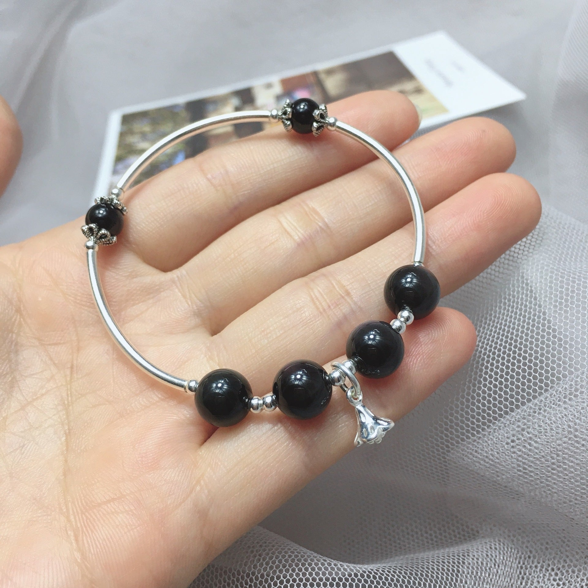 Sterling Silver Obsidian Flower Inlay Bracelet for Women