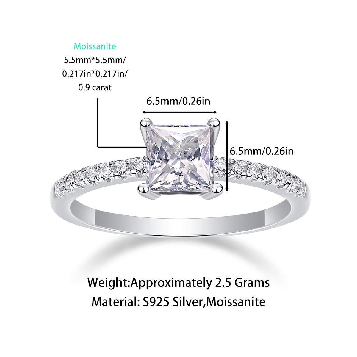 Sterling Silver Square Moissanite Inlay Ring