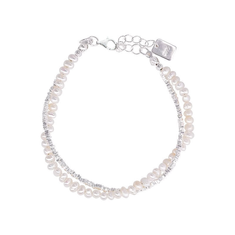 S925 Sterling Silver Double-Layer Pearl Geometric Beaded Bracelet Women's Niche Design