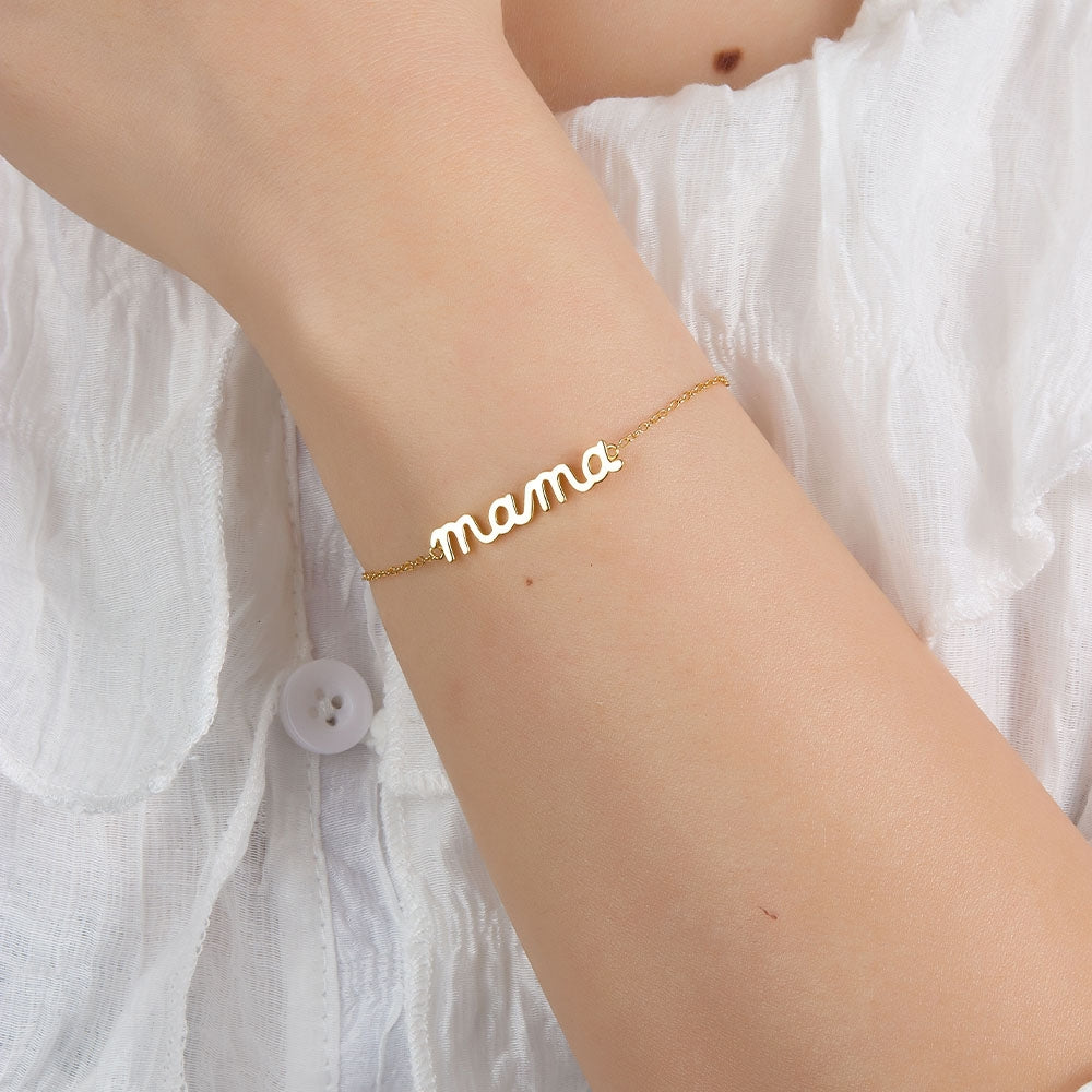 925 Sterling Silver Minimalist Letter Bracelet - White Gold Plated, Glossy Mama Design