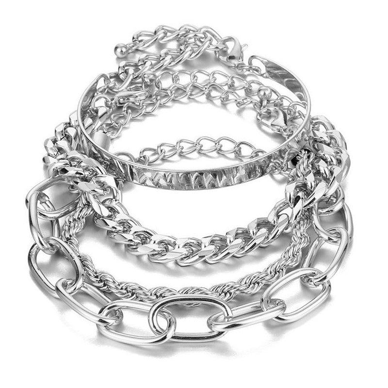 Streetwear Chains Print Aluminum Plated Women's Bracelet Set - C-Shape Twist Chain and Exaggerated O-Word Design