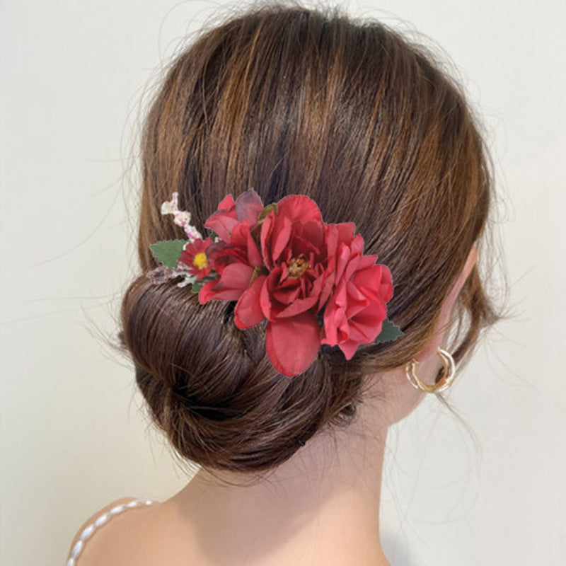 Handmade Streetwear Flower Fabric Rose Hair Comb Bridal Hairpin Ornament