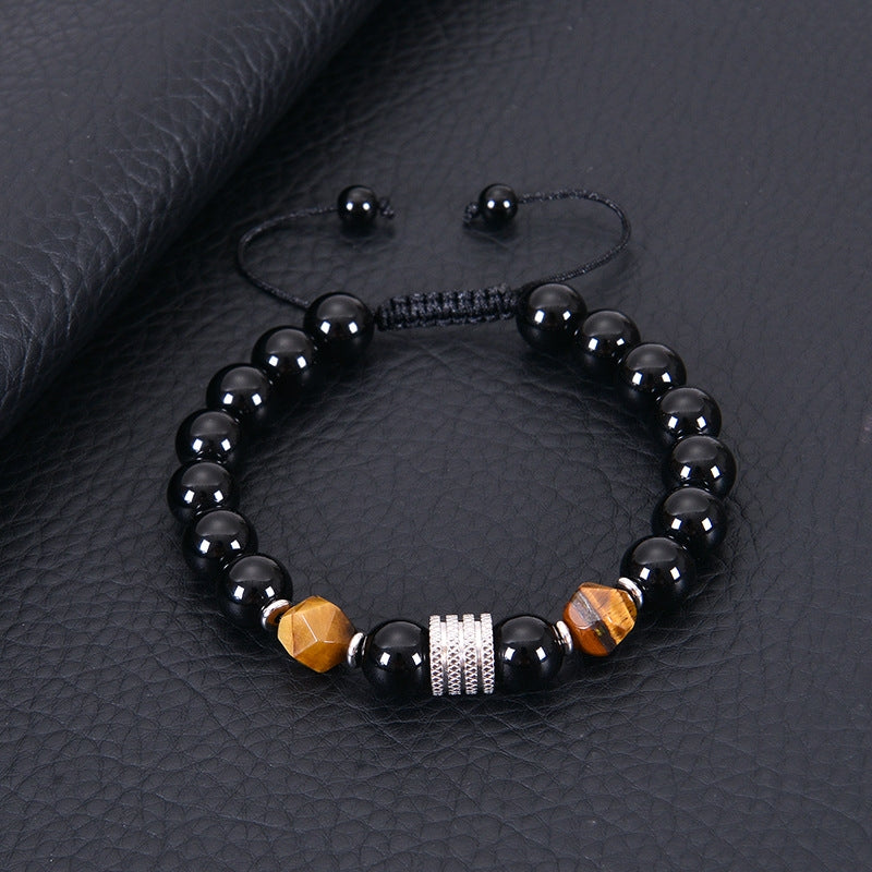 Geometric Alloy Tiger Eye & Obsidian Men's Bracelet with Black Magnet Braided Stainless Steel 10mm Faceted Stone