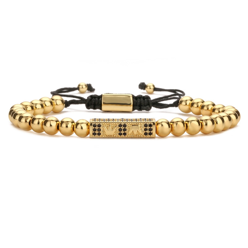 Geometric Crown Copper & Black Zircon Men's Bracelet with Gold Steel Beads