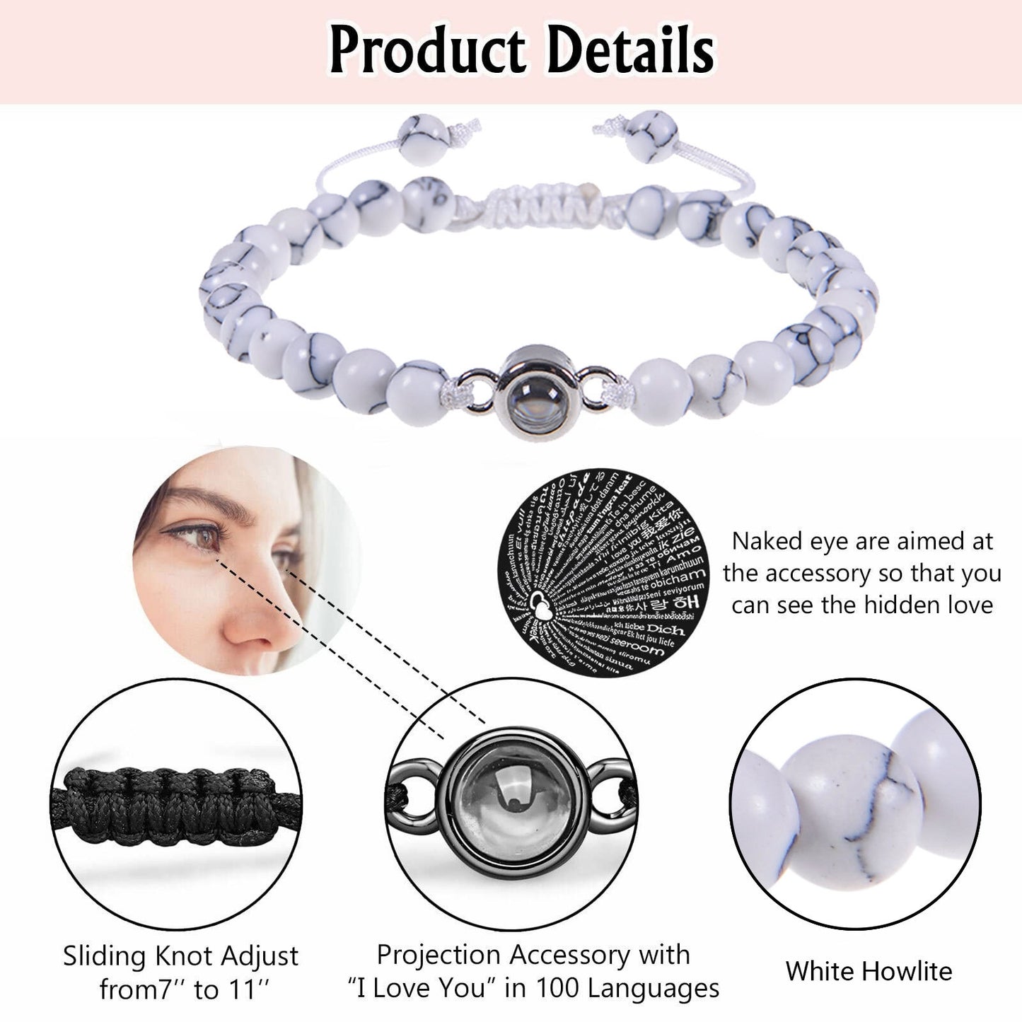 Geometric Natural Stone Projection Bracelets with Custom Photo Beads