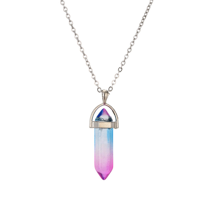 Gradient Stainless Steel Natural Stone Crystal Pendant Necklace