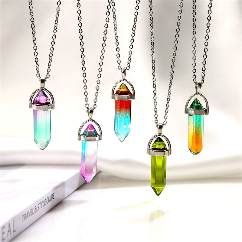 Gradient Stainless Steel Natural Stone Crystal Pendant Necklace