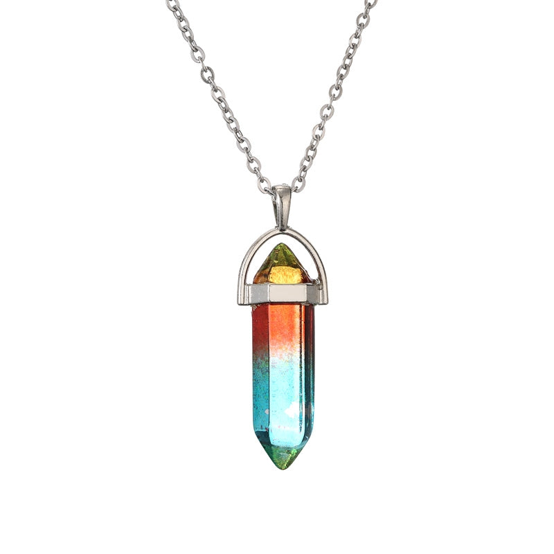 Gradient Stainless Steel Natural Stone Crystal Pendant Necklace