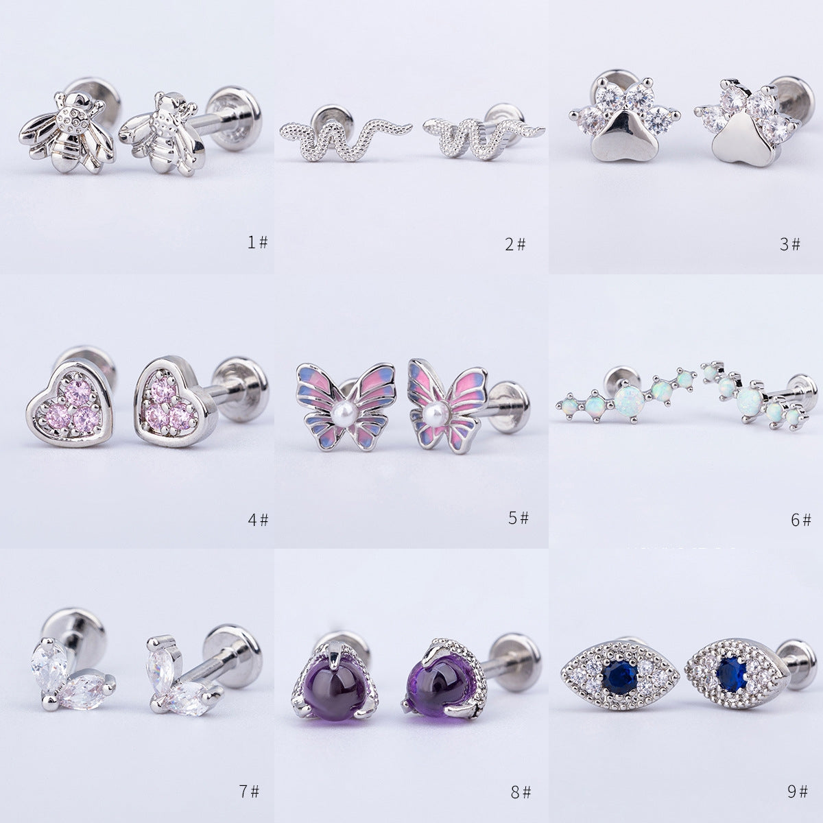 Heart Shape Snake & Butterfly Zircon Titanium Steel Lip and Ear Stud