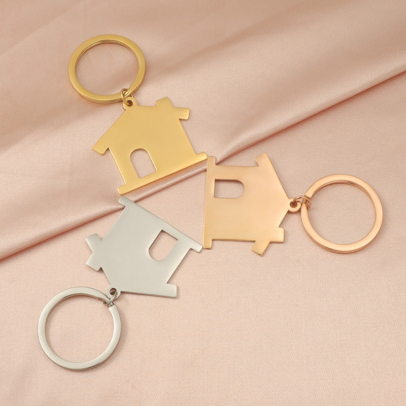 Stainless Steel House Pendant Keychain with 18K Gold Plating