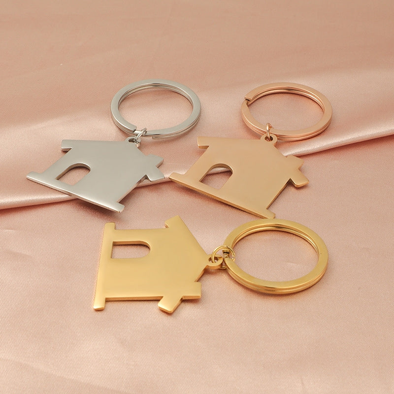 Stainless Steel House Pendant Keychain with 18K Gold Plating