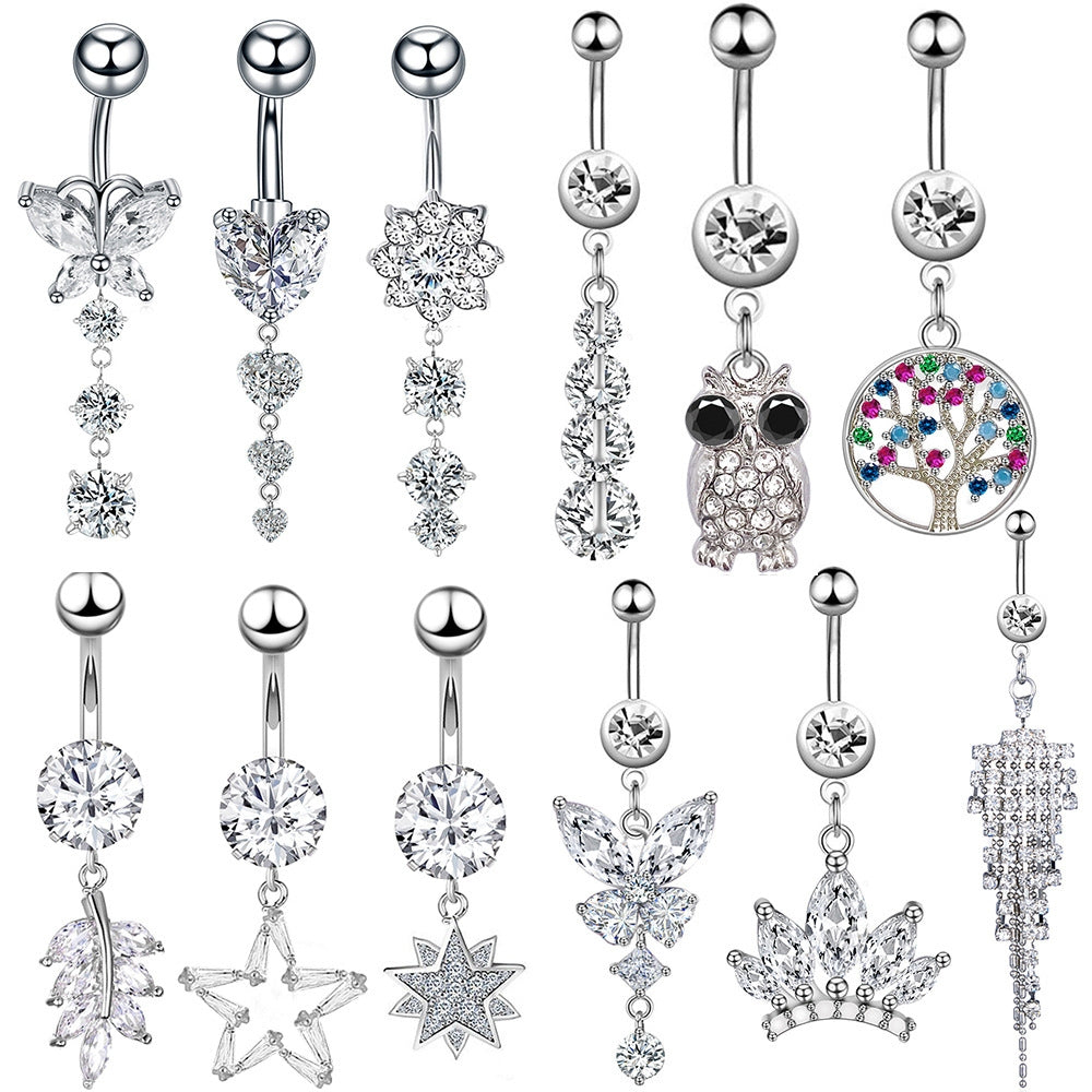 Streetwear Owl & Butterfly Zircon Inlay Stainless Steel Belly Ring