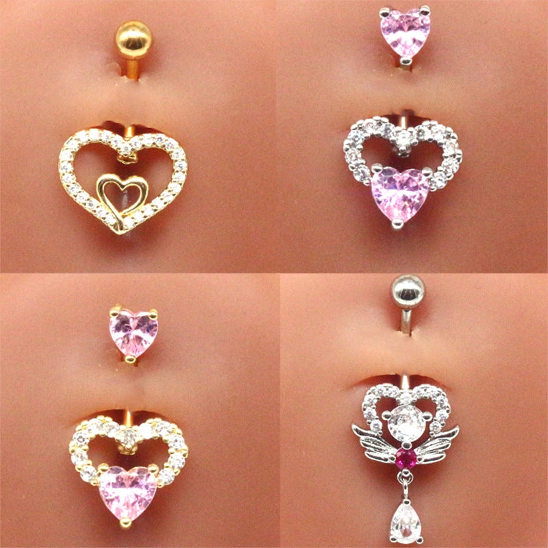 Streetwear Heart Shape Zircon Inlay White Gold Plated Belly Ring