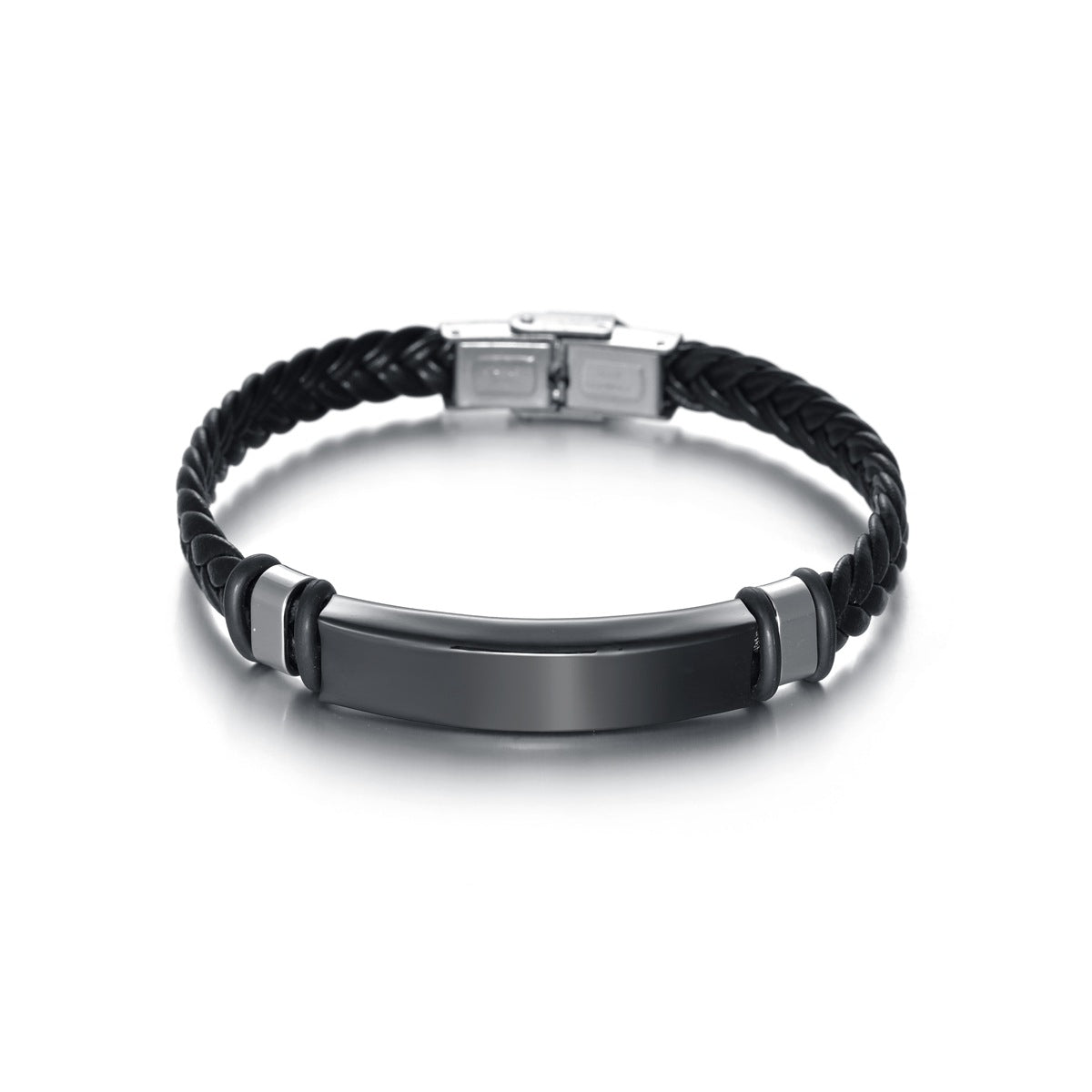 Men's Black Plated Stainless Steel and Braided Leather Bracelet with Engravable Option