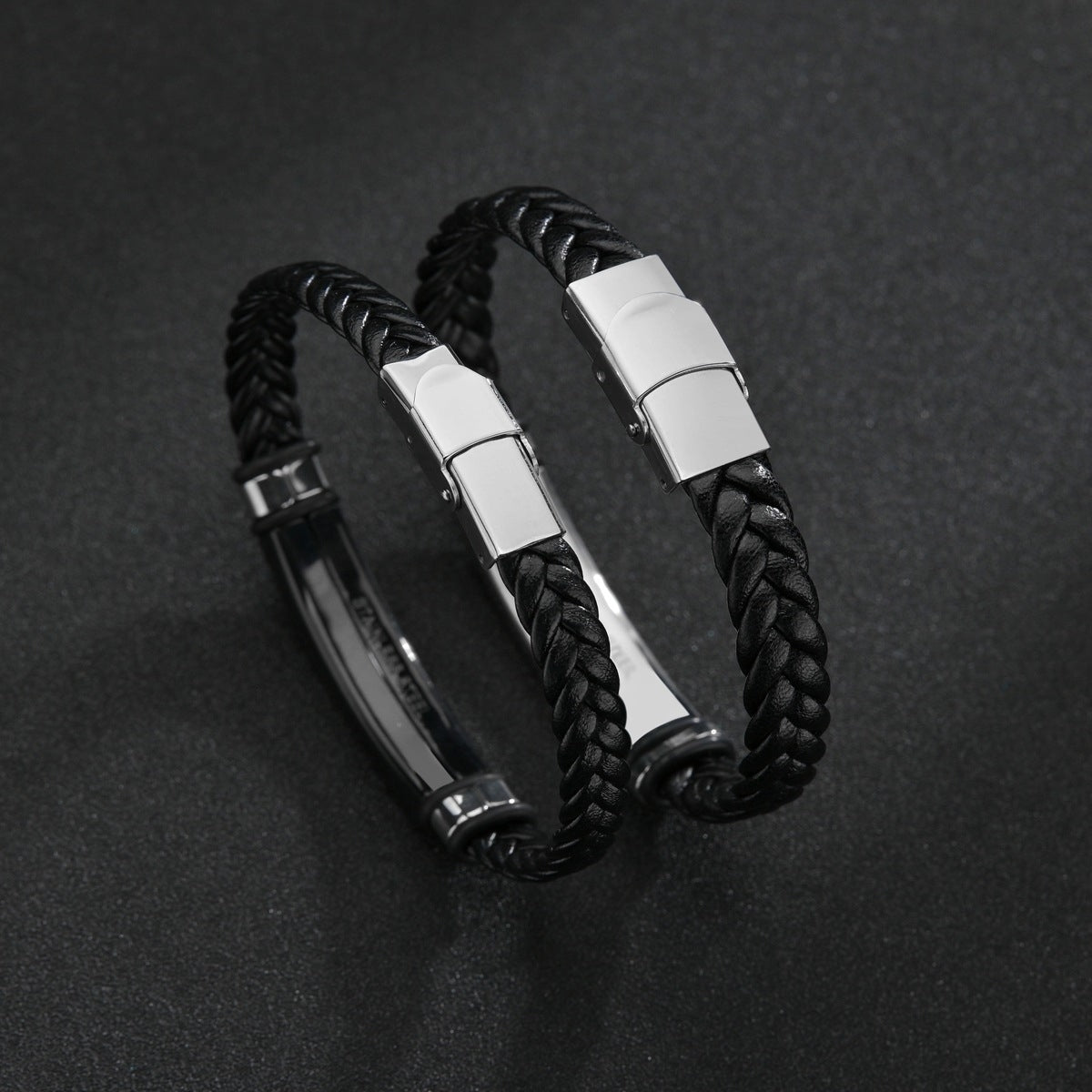 Men's Black Plated Stainless Steel and Braided Leather Bracelet with Engravable Option