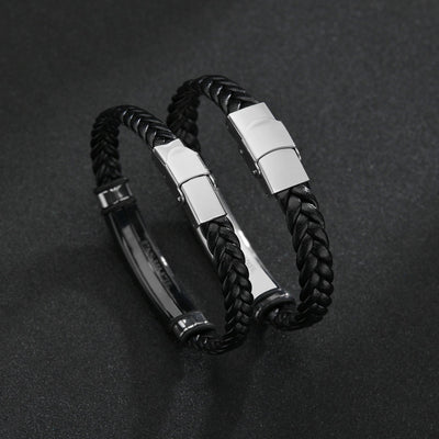 Men's Black Plated Stainless Steel and Braided Leather Bracelet with Engravable Option
