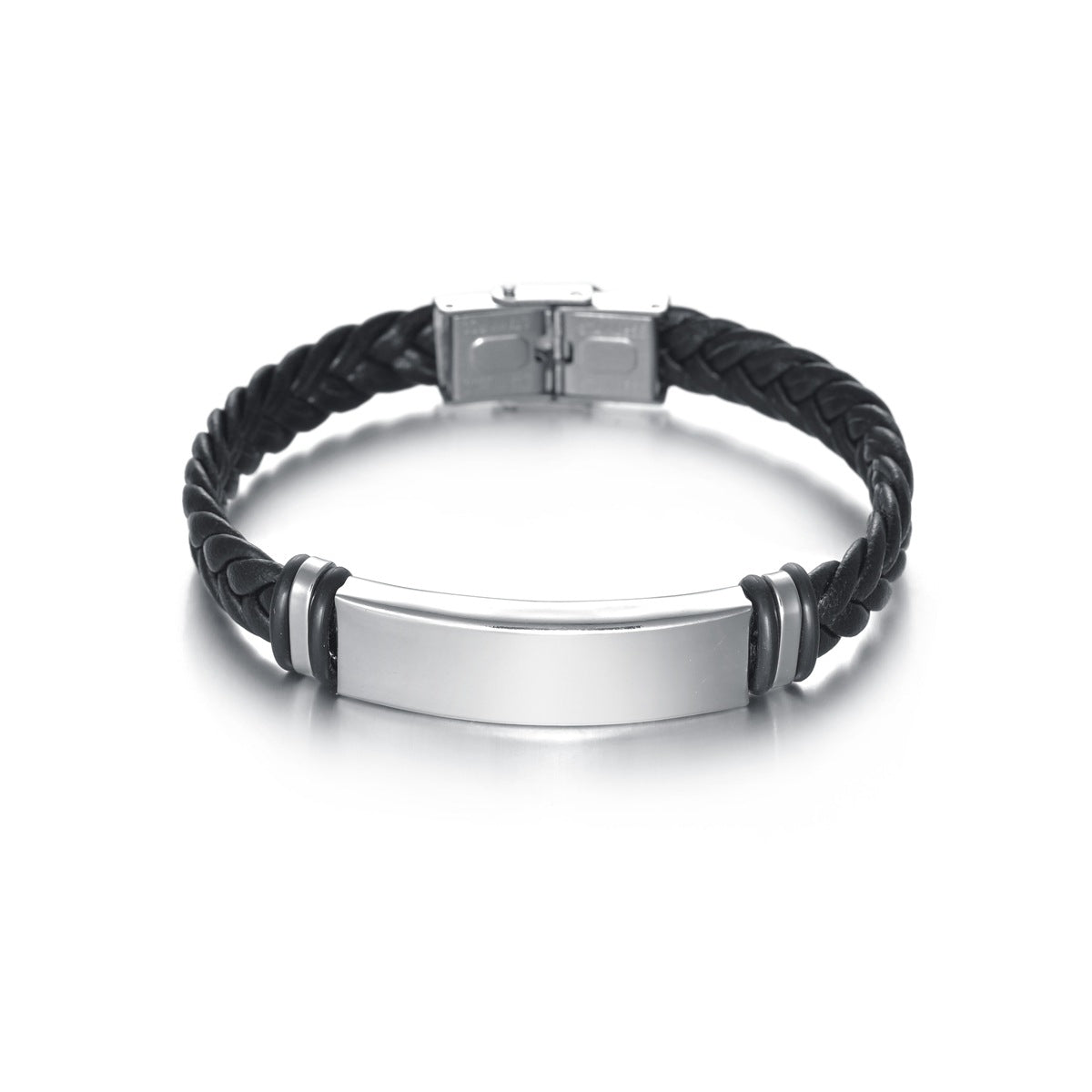 Men's Black Plated Stainless Steel and Braided Leather Bracelet with Engravable Option