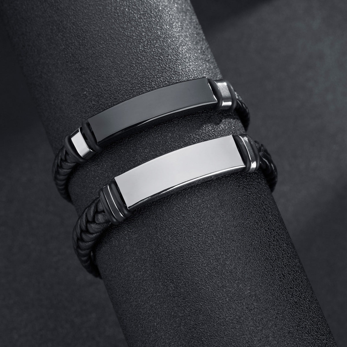 Men's Black Plated Stainless Steel and Braided Leather Bracelet with Engravable Option