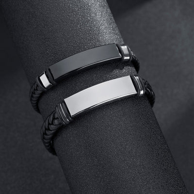 Men's Black Plated Stainless Steel and Braided Leather Bracelet with Engravable Option