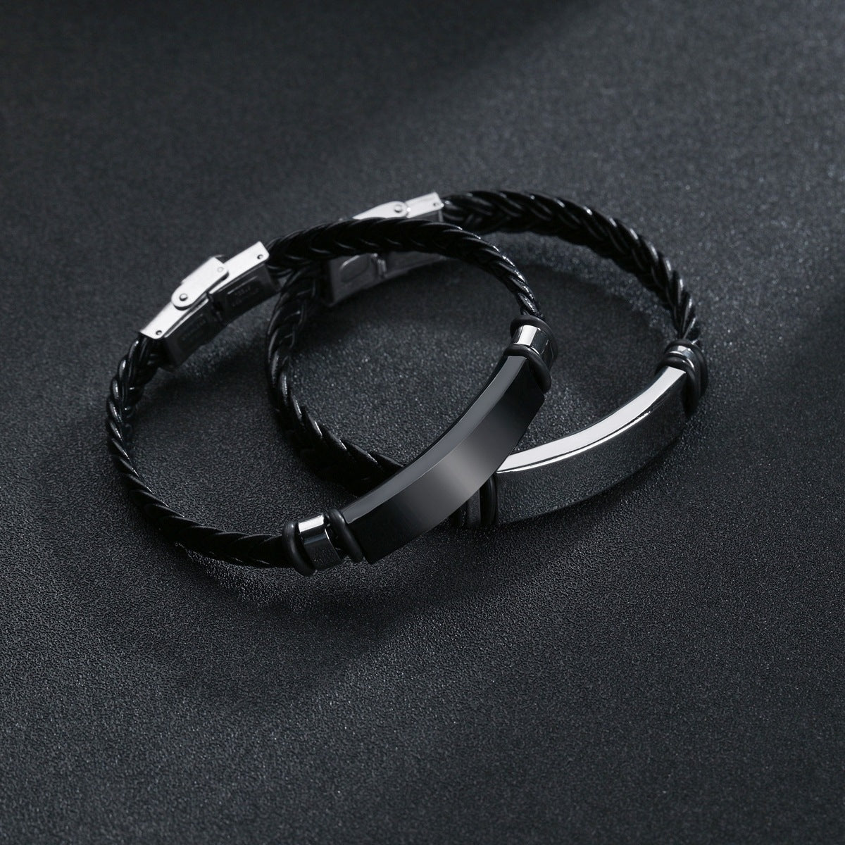 Men's Black Plated Stainless Steel and Braided Leather Bracelet with Engravable Option