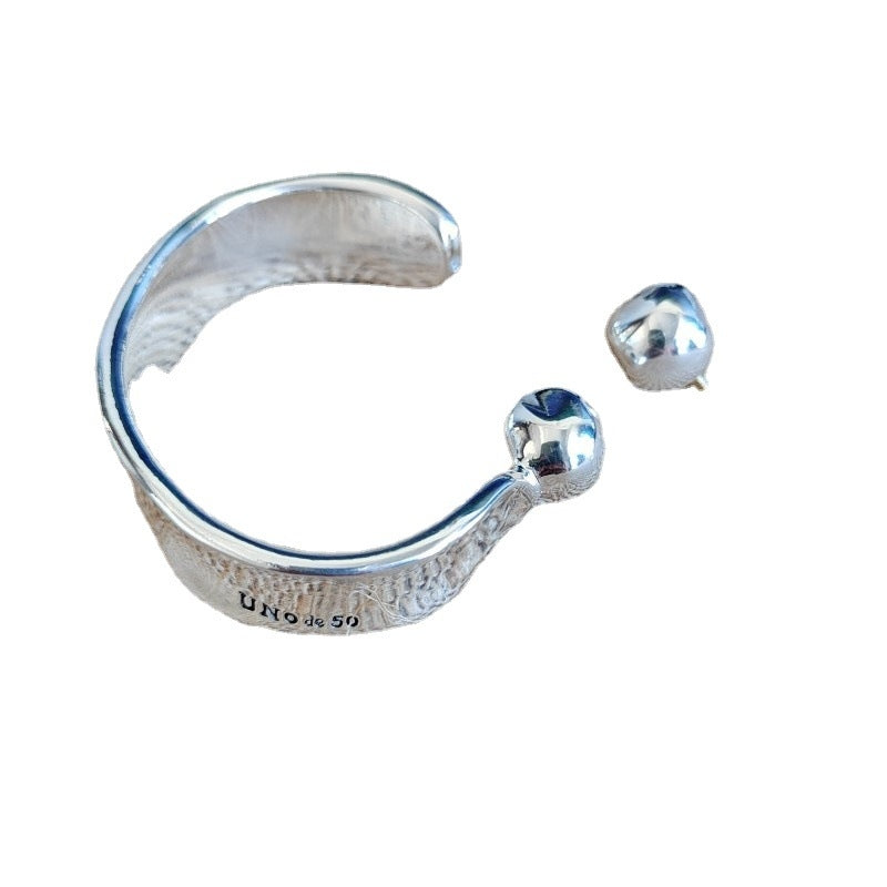 Silver Plated Streetwear Horseshoe Cuff Bracelet with Detachable Round Ball Design