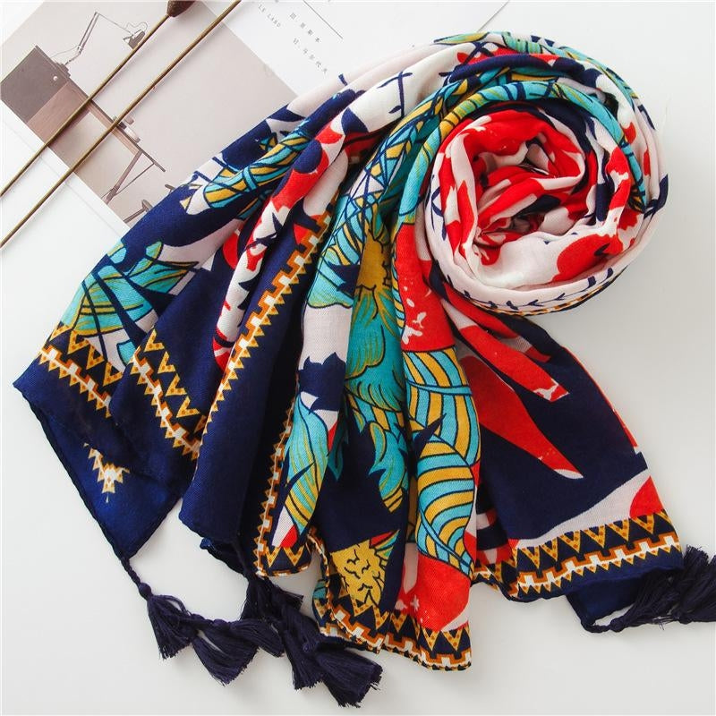 Women's Summer Cotton Linen Silk Scarf with Tassel Print - Sunshade Beach Shawl