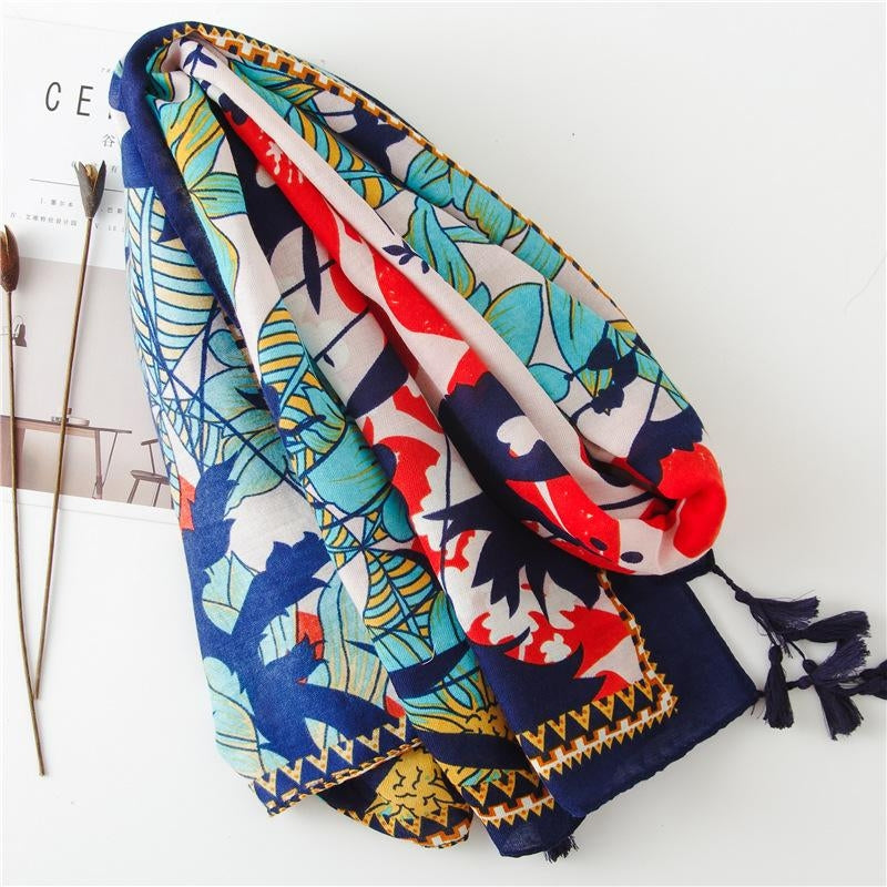 Women's Summer Cotton Linen Silk Scarf with Tassel Print - Sunshade Beach Shawl