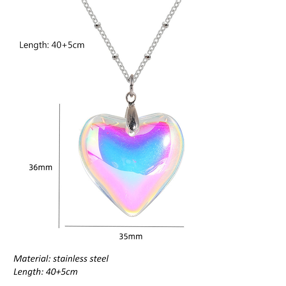 Sweet Artistic Heart-Shaped Stainless Steel Pendant Necklace with Colorful Glass Accents