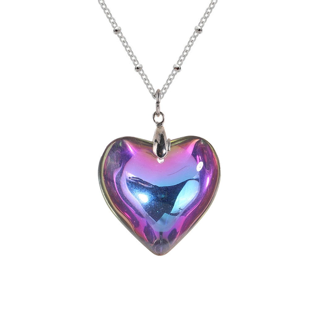 Sweet Artistic Heart-Shaped Stainless Steel Pendant Necklace with Colorful Glass Accents