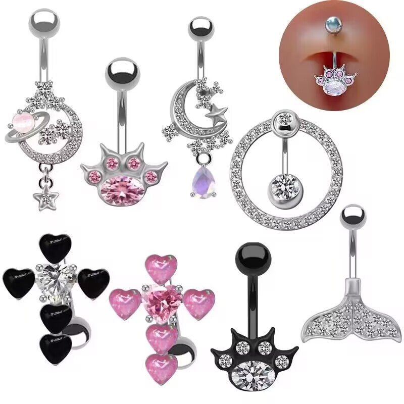 Sweet Heart Shape Stainless Steel Acrylic Copper White Gold Plated Belly Ring with Rhinestones and Zircon