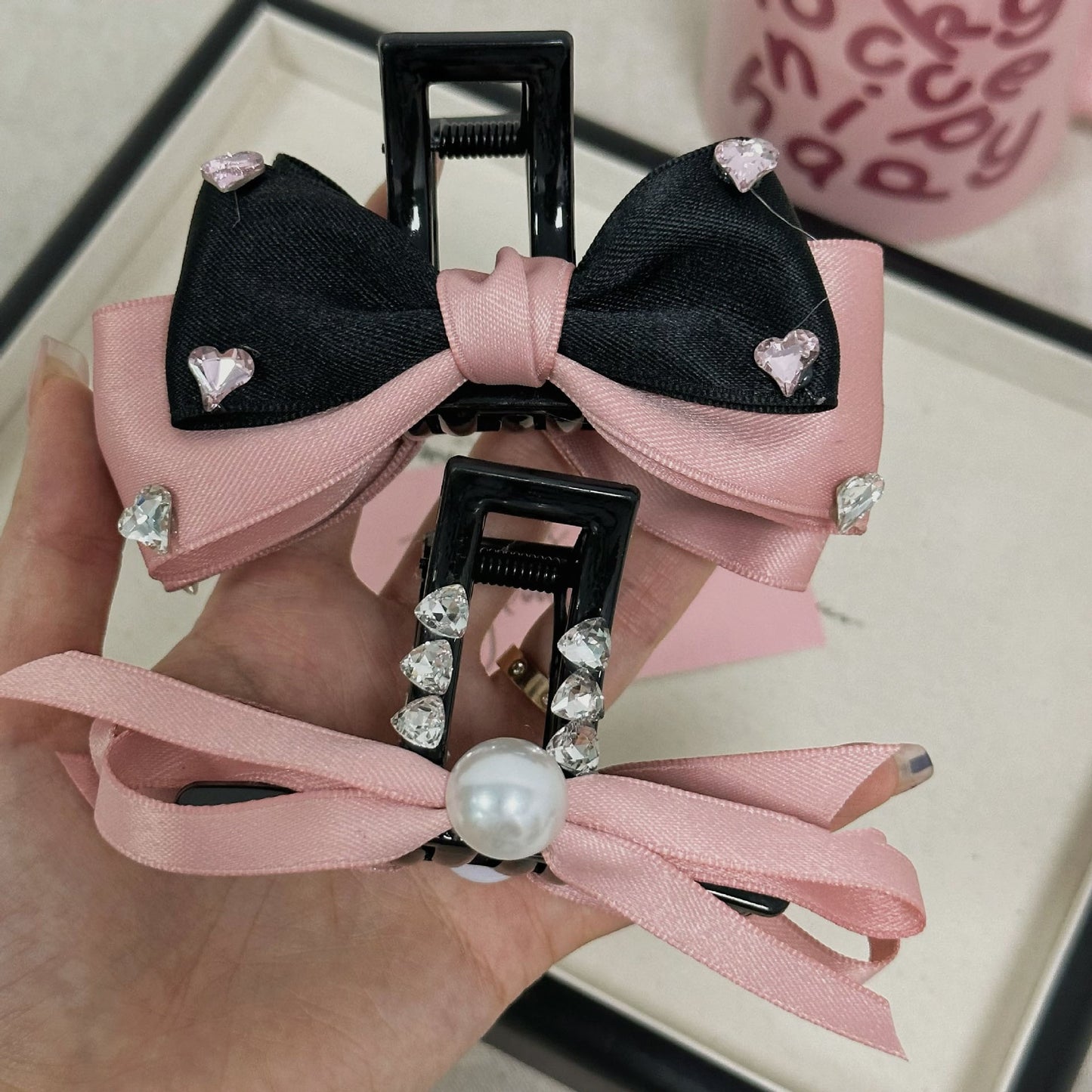 Sweet Rhinestone Bow Hair Claw Clip - Pink & Black Hair Accessory