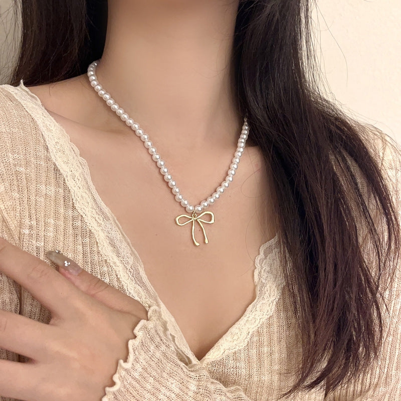 Sweet Bow Knot Pearl Pendant Necklace - Elegant Summer Choker