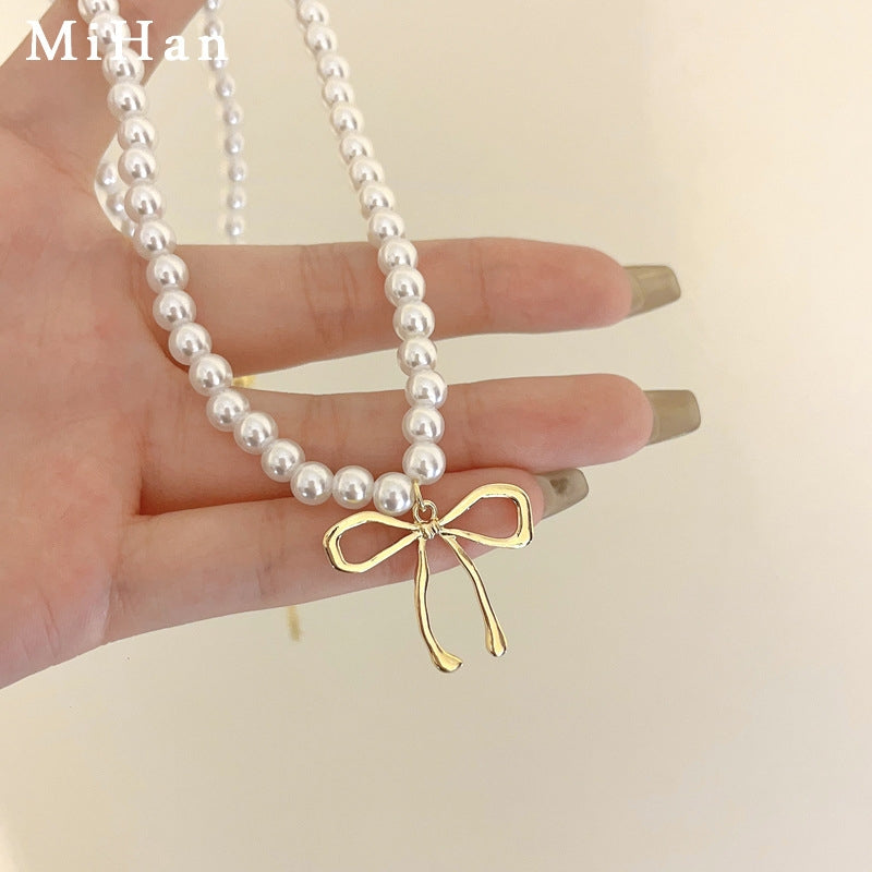 Sweet Bow Knot Pearl Pendant Necklace - Elegant Summer Choker