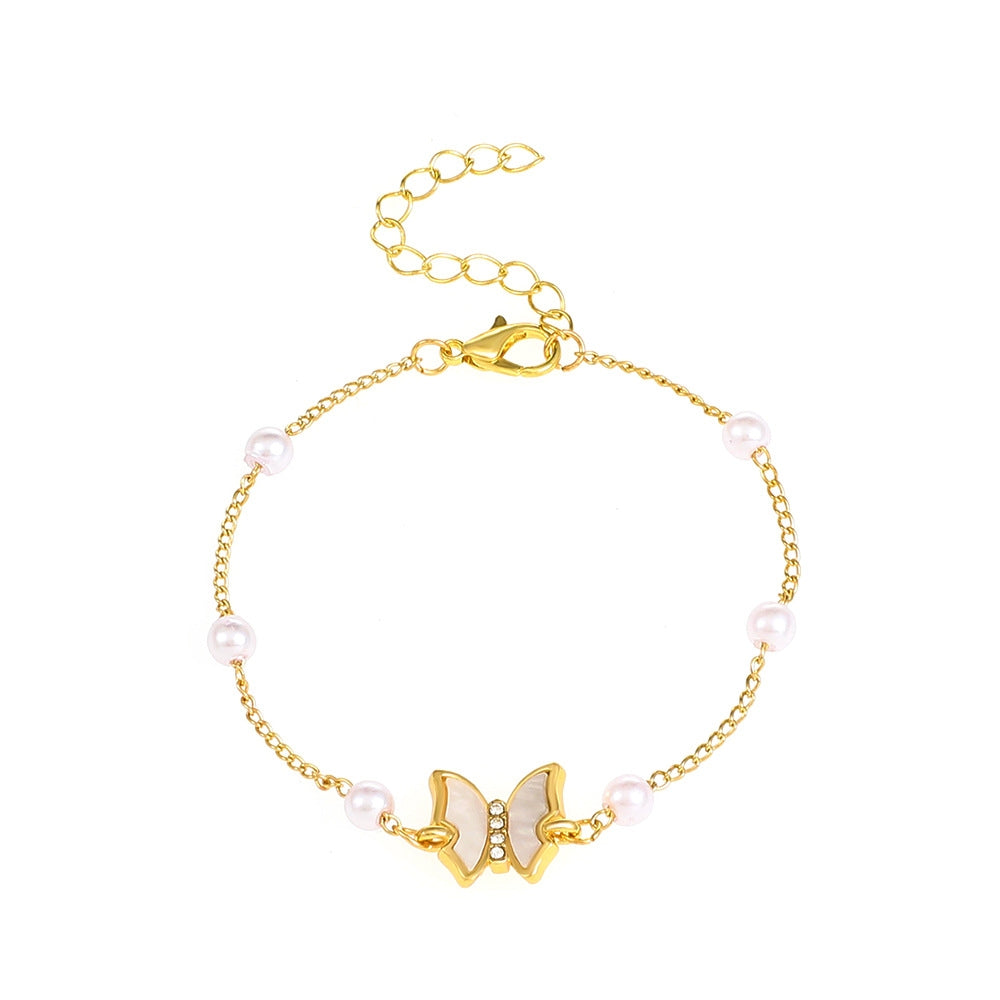 Sweet Butterfly Pearl Alloy Bracelet - European and American Fashion, French Light Luxury, Niche Design Women's Jewelry