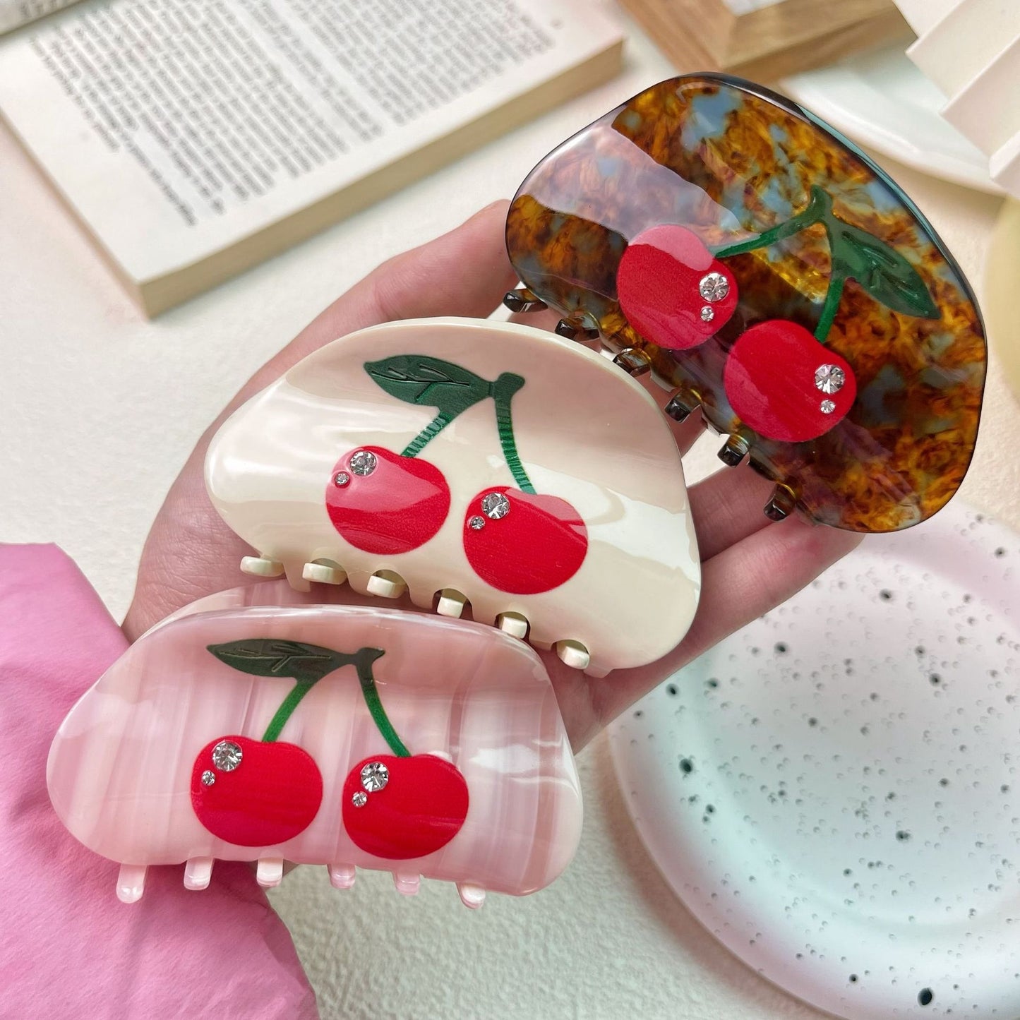 Sweet Cherry Rhinestone Acetate Hair Claw Clip