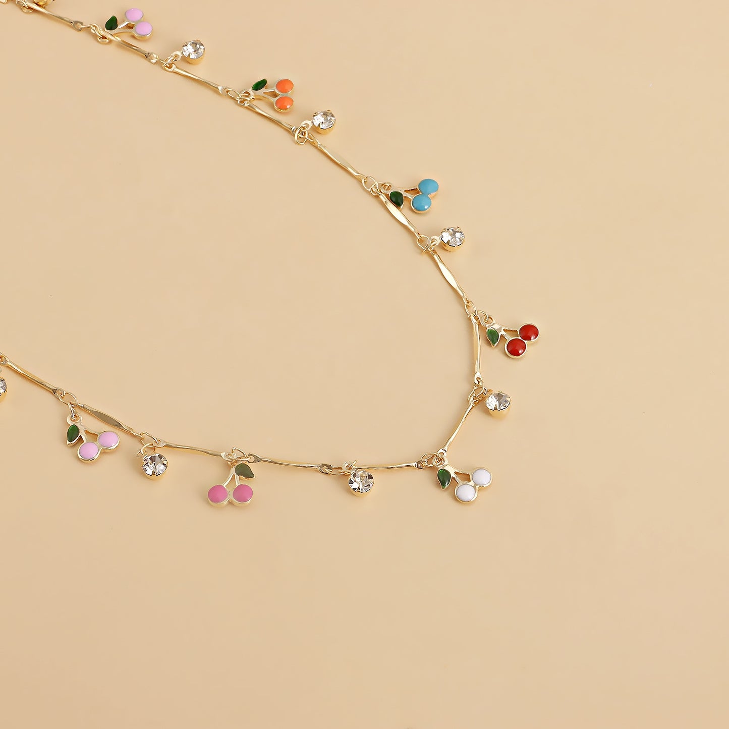 Sweet Cherry Zircon Pendant Necklace with Colorful Enamel Choker