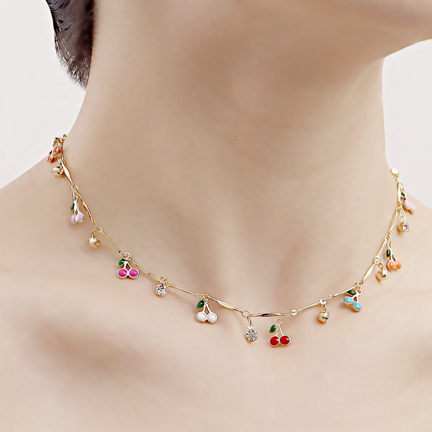 Sweet Cherry Zircon Pendant Necklace with Colorful Enamel Choker