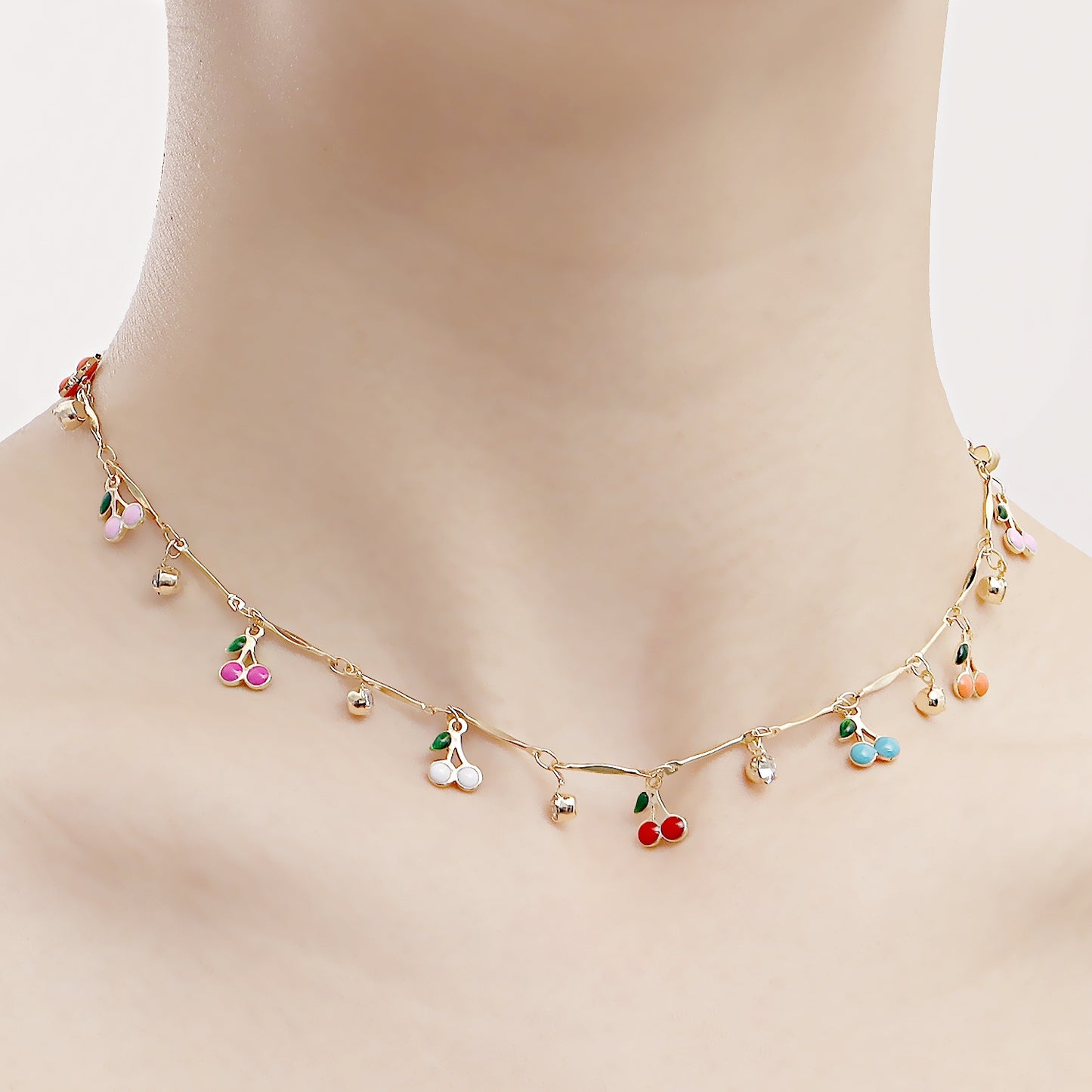 Sweet Cherry Zircon Pendant Necklace with Colorful Enamel Choker